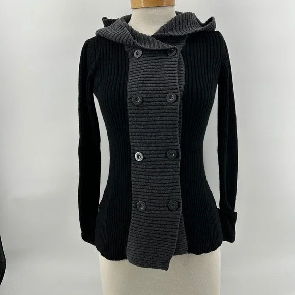 Y2K Goth Calvin Klein Ribbed Knit Hoodie Jacket Cyber Punk Sweater S - Picture 2 of 14